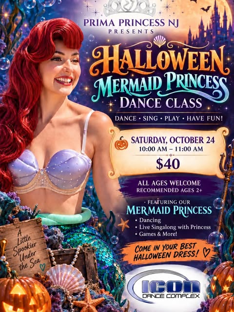 Prima Princess NJ Halloween Mermaid Princess Dance Class flyer, October 24, 10–11 AM, $40