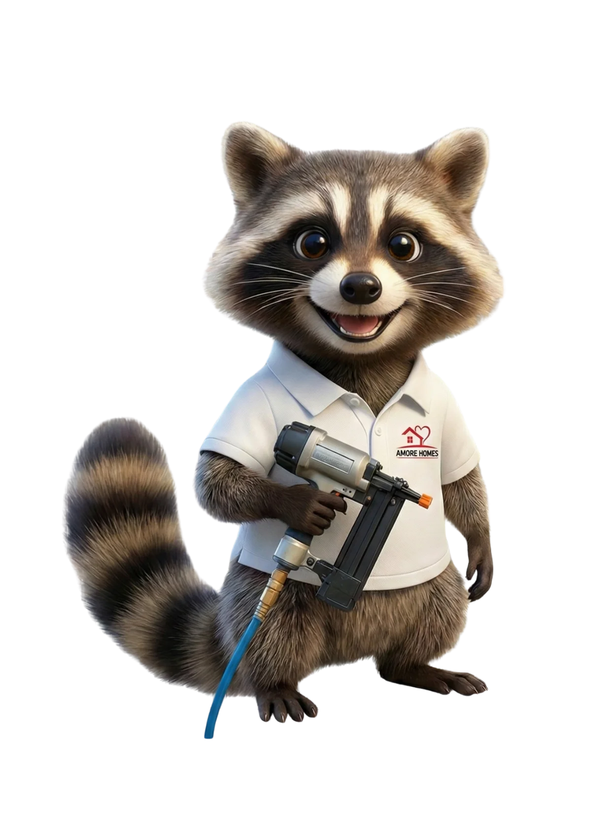 Rocco, the Amore Roofing and Siding raccoon mascot