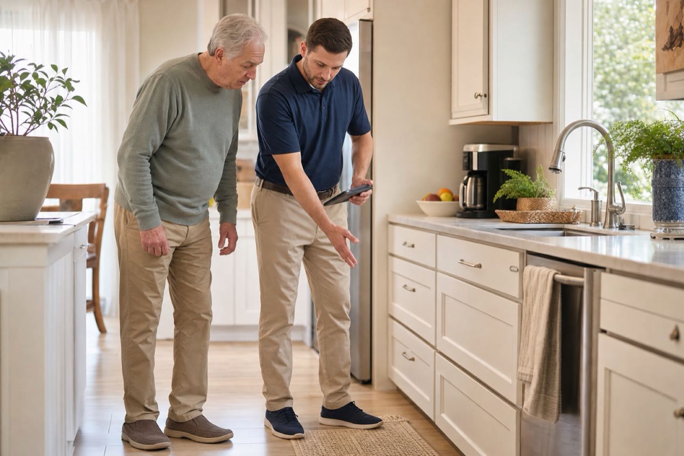 A kitchen with an open walking path
